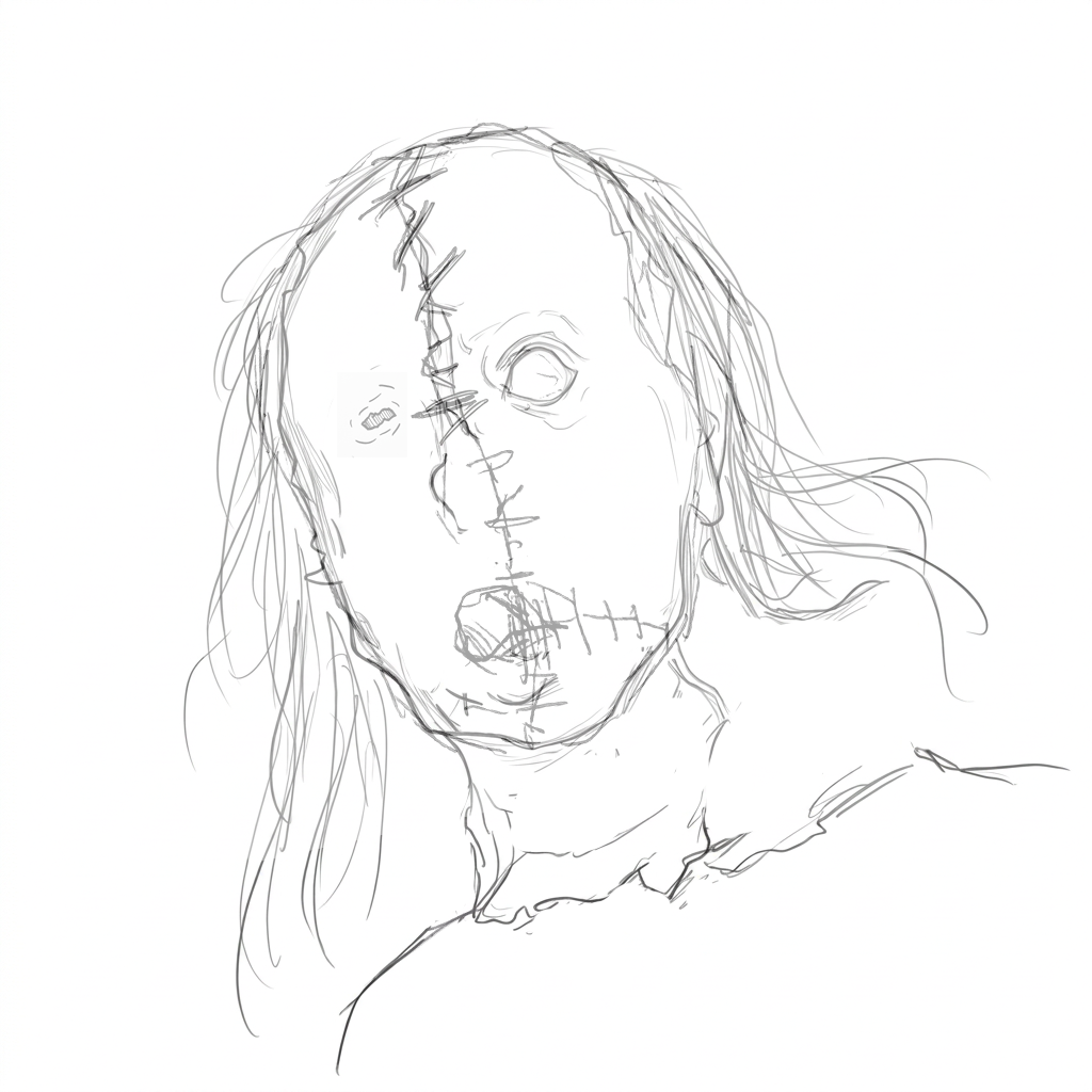 Pencil sketch of a stitched, disfigured figure